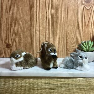 Lot of 3 Faux Fur Squirrel and rabbits ornaments 3” Velvet bottom